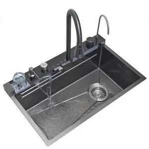 Juego completo de fregadero de cocina de cascada, fregaderos de acero inoxidable, tazón individual grande con estante para platos, fregaderos debajo del montaje