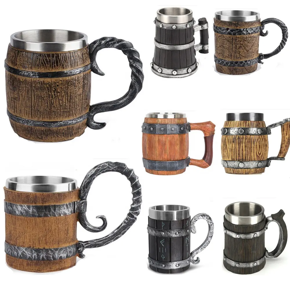 Taza de resina medieval M03, juego de tazas de barril de cerveza de Alemania, herramientas de barra de recuerdo, jarra de acero inoxidable, copa de cubo de vino de madera de imitación