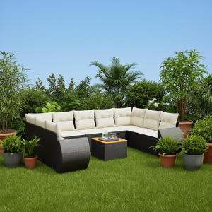 Ensemble de canapés de jardin modulaires en rotin PE D0100XF6LZT Noir, mobilier d'extérieur au design élégant, coussins en mousse haute densité - Product Image 2