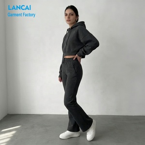 High Quality Tracksuit Manufacturer Women Crop Hoodie and Flared Sweat Pants Two Piece <b>Set</b> Custom Made Factory Supply Service - Product Image 2