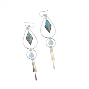 Boucles d'oreilles pendantes géométriques en argent 925, labradorite naturelle, style bohème, bijoux pour femmes à porter au quotidien - Product Image 1