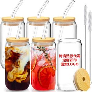 Bicchieri di vetro trasparenti fatti a mano artistici all'ingrosso tazze senza tempo all'ingrosso con coperchio di bambù paglia per il succo di vino di birra <span class=keywords><strong>caffè</strong></span> - Product Image 2