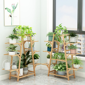 Multi Tiered Flower Stand Wooden Freestanding Indoor Outdoor Balcony <b>Plant</b> Rack With Wheels For Pothos Succulents Living Room - Product Image 3
