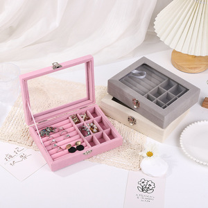 Caja de joyería de terciopelo con 9 compartimentos para guardar anillos, pendientes, collares, rosa, gris, blanco, 20x15x5cm - Product Image 1