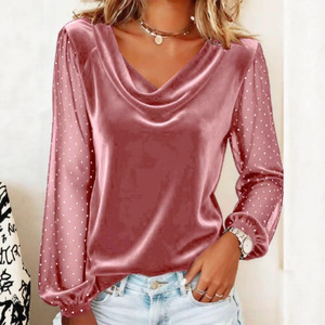 Dropshipping Shopify <b>Plus</b> <b>Size</b> Womens V Neck <b>Mesh</b> Rhinestone Long Sleeve T Shirt <b>Top</b> Glam Casual Daily Wear - Product Image 2