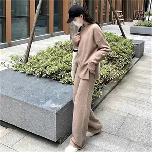 2023 Winter Ladies Wide Leg Long Pants 2-teiliges Set Casual Plain Pullover Sweaters Sets Koreanische gestrickte zweiteilige Damen-Sets