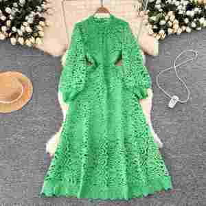Vestido Maxi Casual de Mujer con Manga Linterna, Corte A, Transpirable y Ecológico, Tejido, con Encaje Hueco, Morado, Colección Otoño 2024 - Product Image 2