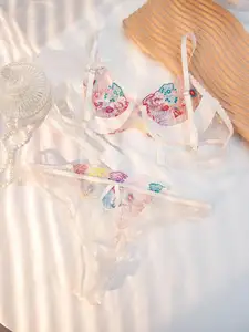 Soutien-gorge et string 2 pièces en maille brodée de dentelle florale et sous-vêtements pour femmes Sexy 18 High-Rise Embroidered Lingerie Set