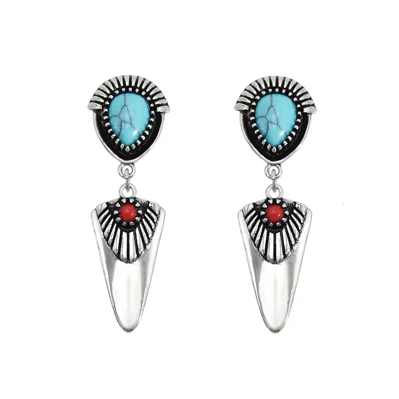 European Hot Sale Ethnic Luxury Jewelry Turquoise Stud Earrings Silver Plated Sun Flower Waterdrop Earring For Women