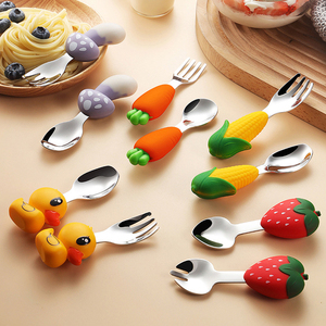 Utensilios de acero inoxidable 304 de dibujos animados para niños pequeños, cucharas de entrenamiento de alimentación, tenedores, cubiertos para niños, juegos de cubiertos para niños - Product Image 1