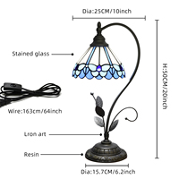 Lampu Meja Kaca Patri Motif Bunga Kupu-kupu Biru Lampu Modern 8 Inci Alas Logam Berbentuk Daun Lampu Baca untuk Kamar Tidur Ruang Tamu Meja Belajar