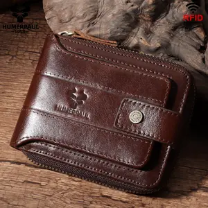 HUMERPAUL dompet kulit asli pria, dompet kulit asli penghalang RFID, tempat kartu kredit bisnis dengan saku koin ritsleting dan dompet jendela ID