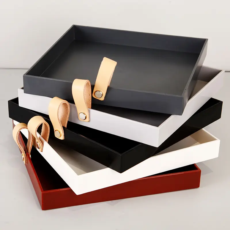 Hot selling Creative square PU leather handle tray living room cosmetics small items desktop storage tray