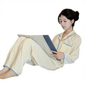 Pijamas de Mujer de Manga Larga de Algodón Nube con Estampado de <span class=keywords><strong>Dibujos</strong></span> <span class=keywords><strong>Animados</strong></span>/a Cuadros, Estilo Coreano Dulce y Sencillo, Japonés, para Comercio Exterior Transfronterizo - Product Image 1