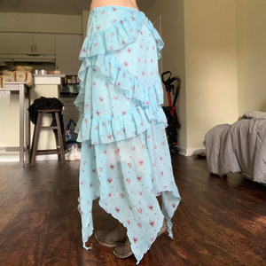 Y2K Vintage Blue Floral <b>Chiffon</b> <b>Skirt</b> Women Layered Ruffle Irregular Hem Lightweight Flowing <b>Midi</b> <b>Skirt</b> - Product Image 4