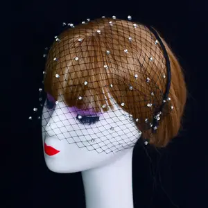 Gelin kısa yüz peçe saç dekorasyon gelin fishnet hairband parti düğün boncuk kafa peçe