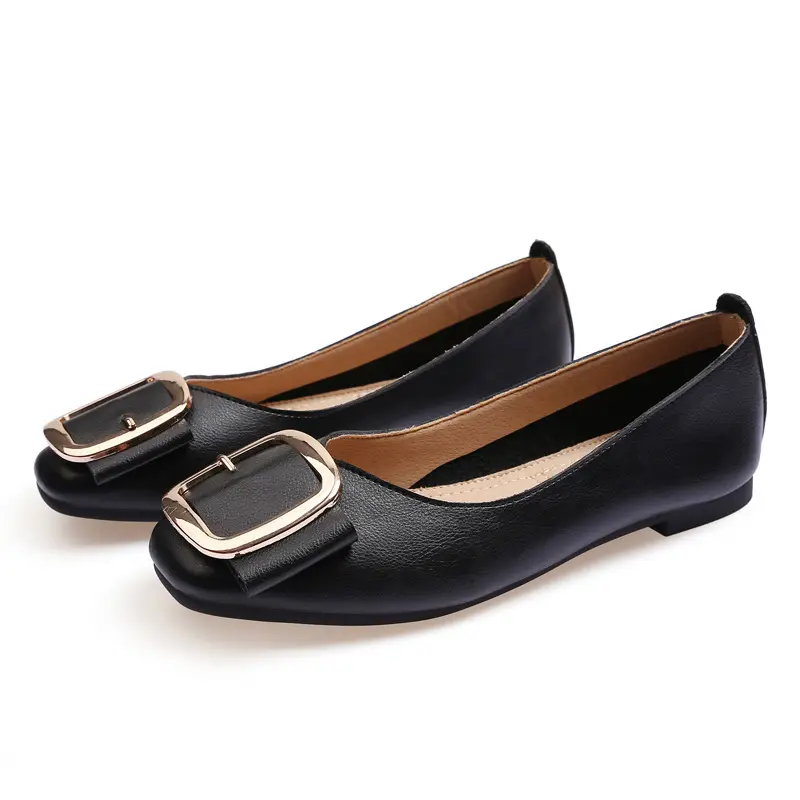 Black Fashion Large Size Office Light Weight Casual Elegant Walking Square Toe Buckle Ladies Shoes Leather Lining Women Flats