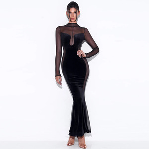 Women's Sexy Hollow Out See Through Long Sleeve Backless Evening Dress Natural Waist Splicing Design Autumn Style - Product Image 3