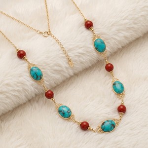 Collier en argent plaqué avec pierres précieuses turquoise et agate rouge, style vintage, pour femmes, fabrication OEM/ODM, vente en gros - Product Image 3