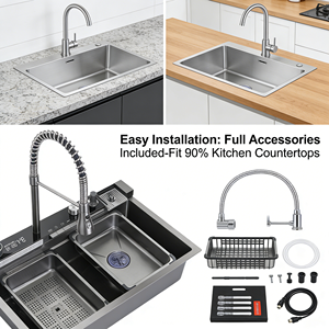 Fregadero de Cocina de Acero con Acabado Cromado Gunmetal, Diseño Moderno, Multifuncional, Doble Tazón, Grifo Cascada, Enjuagador de Tazas, para Hogar y Hotel - Product Image 6