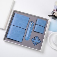 Carnet et carte personnalisables en similicuir bleu, style frais, imprimés en sérigraphie, avec reliure parfaite, pour ensemble cadeau scolaire avec logo