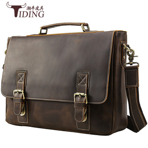 Tiding Genuine <b>Leather</b> Men's <b>Briefcase</b> Large Business Shoulder Bag Crazy Horse <b>Leather</b> Solid Color Brown - Product Image 1