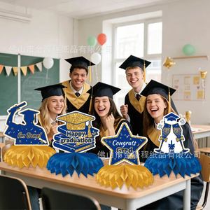 Adornos de panal de abeja para graduación, decoraciones de mesa en azul y dorado para la fiesta de graduación universitaria, decoración de escena de estilo moderno - Product Image 3