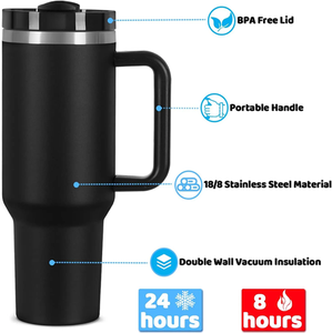 Disponibile negli Stati Uniti: Bottiglia d'Acqua H2.0 Nera Senza BPA da 40 Oz, Tazza da Viaggio con Rivestimento in Polvere, Bicchiere da Auto da 40 Oz con Manico - Product Image 5