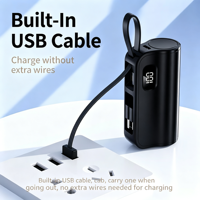 Batterie externe mini capsule 5000 mAh, avec câble intégré double embout, affichage numérique et support de téléphone portable