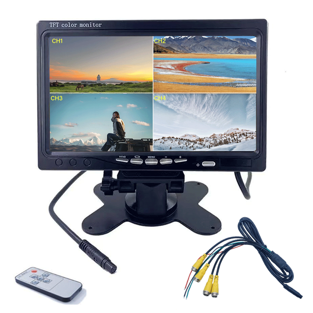 7 Inch IPS 4CH Split Screen 1024*600 HD TV Monitor Heavy Duty Dash Monitor for Trucks with VGA AV Input and CCTV Camera