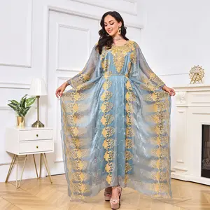 Elegant Islamic 2 Piece Suit Long Dress Fashion Ethnic Turkish Abaya Dubai Mesh Embroidery Belt Dress Ramadan Prayer Clothes