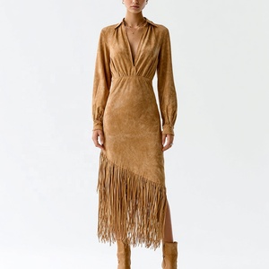 Chic autunno <span class=keywords><strong>donna</strong></span> stile retrò con frange sartoriale dettaglio finto camoscio camicia colletto a manica lunga abito Midi marrone per <span class=keywords><strong>donna</strong></span> - Product Image 3