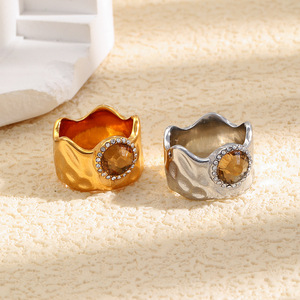 Stainless Steel Hammered Wide Band <b>Ring</b> 18K Gold Plated Citrine Zircon Vintage <b>Statement</b> Finger <b>Ring</b> For Women Jewelry Gift - Product Image 3