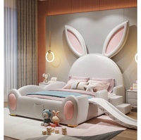 Cama Infantil de Lujo Moderna de Cuero de Alta Calidad para Princesa con Diseño de Conejo, Tobogán y Barandal de Seguridad para Niña Pequeña, Muebles de Dormitorio para Niños