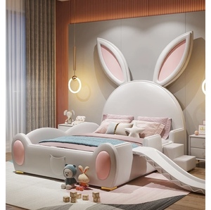Giường trẻ em công chúa thỏ da cao cấp hiện đại sang trọng có cầu trượt và lan can bảo vệ, dành cho bé gái nhỏ, nội thất phòng ngủ trẻ em dễ thương - Product Image 3