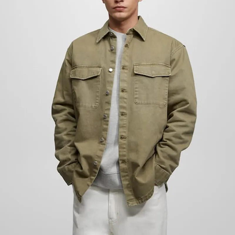 Stylish custom Long sleeve overshirt classic collar flap pockets cotton casual vintage shirt for men