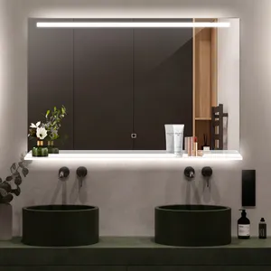 호텔 럭셔리 직사각형 흰색 김서림 방지 LED 백라이트 미러, 보관 선반이있는 스마트 조명 목욕 거울