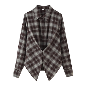 <b>Women</b> Plaid <b>Flannel</b> <b>Shirt</b> Long Sleeve Asymmetric Button Down Casual Loose Fit Autumn Top <b>Shirt</b> Collar Woven Cotton Blouse - Product Image 1