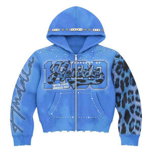 Custom Wholesale Heavyweight Cotton Fleece Streetwear <b>Y2K</b> Rhinestone Leopard Print Distressed Mens Zip Up Hoodie - Product Image 3