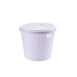 Plastic Storage Basket Round With Lid White Imitation Rattan Laundry Basket 32x23.5x27 Cm With Handles - Product Image 1
