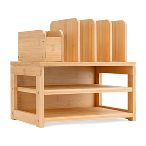Organiseur de bureau en bois à 3 niveaux, nouveau design, pour stylos, papier, calculatrice, bloc-notes, rangement de bureau en bambou avec porte-documents - Product Image 1