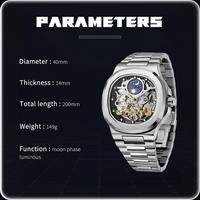 Montre mécanique automatique pour homme SKROX DESIGN 8299 de marque supérieure, tourbillon, phase lunaire, acier inoxydable, étanche, squelette analogique