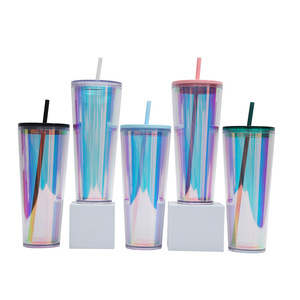Shang Kou Ai Iridescent Double Wall Plastic Tumbler With Straw 20oz Party Drinkware Bpa Free Reusable Cup - Product Image 1
