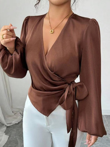 Women's Polyester Satin Wrap Blouse Plain Dyed Solid Spring Simple <strong>Long</strong> Puff <strong>Sleeve</strong> Belt Tie Waist <strong>V</strong> <strong>Neck</strong> Elegant <strong>Top</strong> - Product Image 2