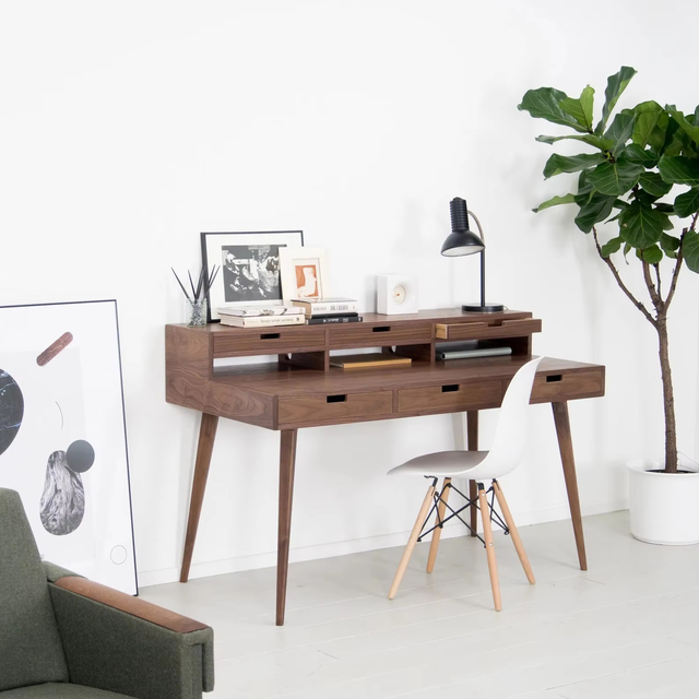 Mid Century Modern Walnut Desk with Storage Solid Wood Office Desk DrawersMinimalist Home Furniture Finish OEM