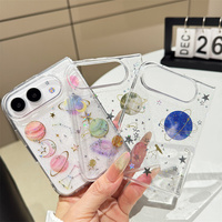 Coque de téléphone transparente à motif étoiles et planètes scintillantes pour iPhone DUO 18 17 Air 16 Pro 15 14 Plus, protection antichoc transparente avec colle intégrée