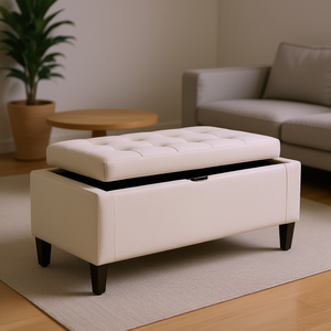 Pouf Contenitore in Lino Trapuntato Beige con Coperchio Sollevabile, Arredamento Moderno per Soggiorno, Sgabello per la Casa - Product Image 2