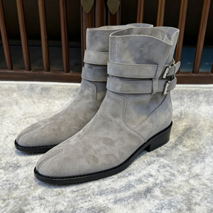 Stivali Donna alla Moda in Camoscio <span class=keywords><strong>Grigio</strong></span> Chiaro con Punta Separata, Tacco Basso e Grosso, Stile Streetwear - Product Image 1