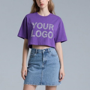 T-shirt Crop Top da <span class=keywords><strong>Donna</strong></span> Personalizzata a Maniche Corte Vestibilità Ampia con Logo in Strass Stampato, in Maglia di <span class=keywords><strong>Cotone</strong></span> Spandex 210g, Estiva - Product Image 3