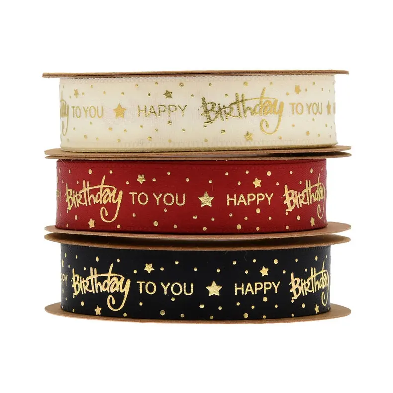 Okay 10yards/roll 1.5cm Happy Birthday Printed gold foil polyester satin Ribbon for Gift Wrapping DIY Birthday Craft webbing